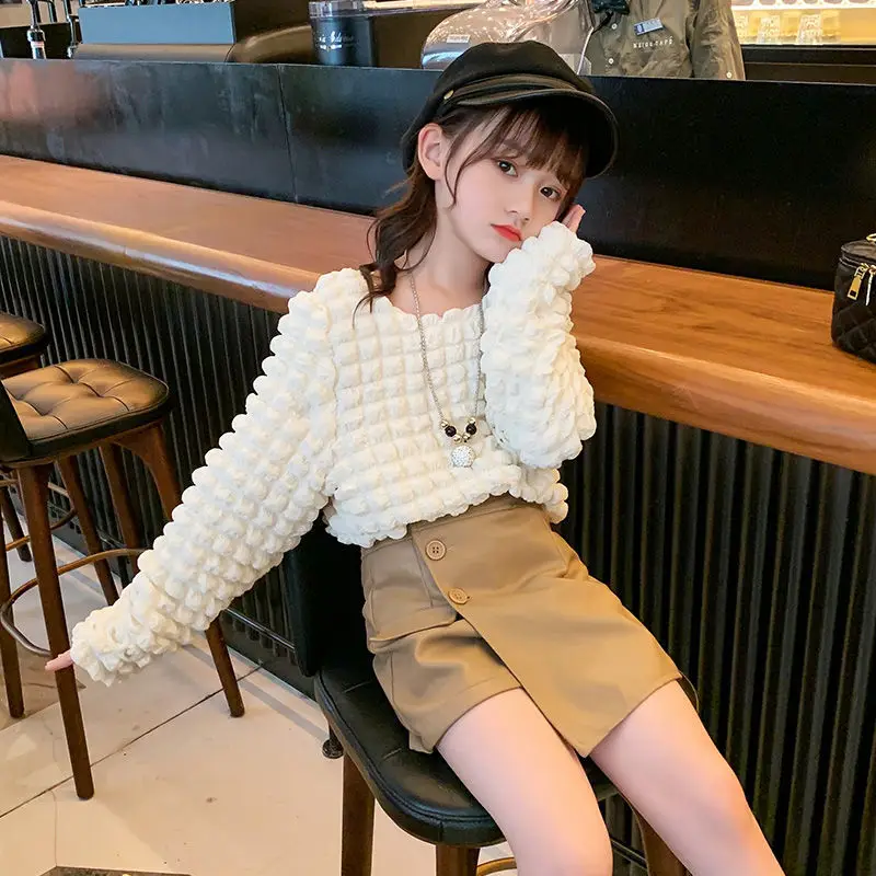 

2022 Spring Autumn Fashion Girls Clothes Suit Toddler Kids Baby Girl Pullover Shirt Top + PU Leather Skirts Outfits 2Pcs Set A21