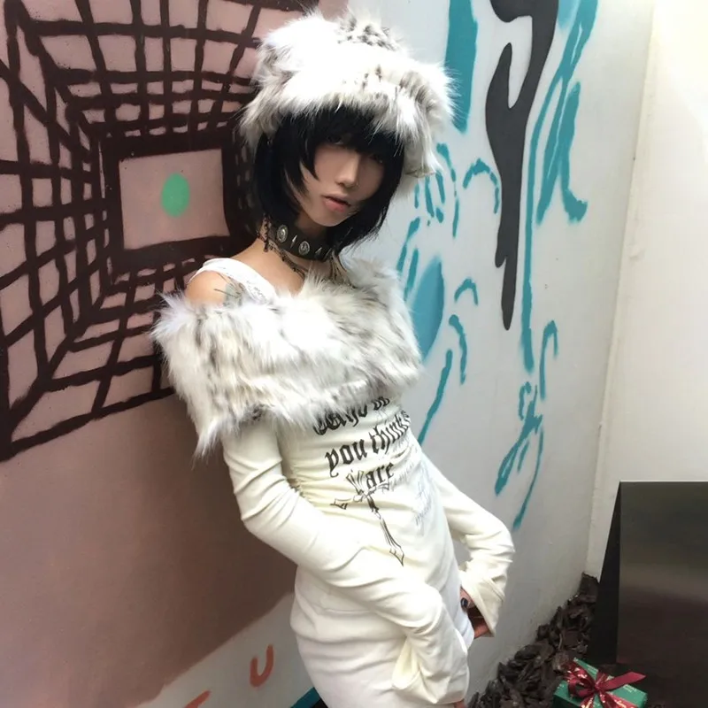 Karrram Japanese Y2k Fur Collar Tops 2000s Aesthetics Off Shoulder Knit Tops Vintage Harajuku Letter Print Long Sleeve T-shirt 3