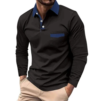 Camicia Polo da Uomo alla Moda con Colletto a Contrasto, Maniche Lunghe e Tasca, per Ufficio e Uso Quotidiano