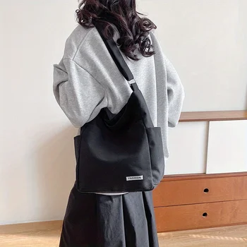 حقيبة كتف بسيطة، حقيبة يد متعددة الجيوب، حقيبة قماش نسائية بلون سادة، حقيبة تسوق ذات سعة كبيرة