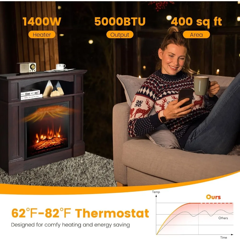 32" Electric Fireplace with Mantel, 1400W Freestanding Heater  W Remote Control & Adjustable Brightness, Multifunctional Mantel 6