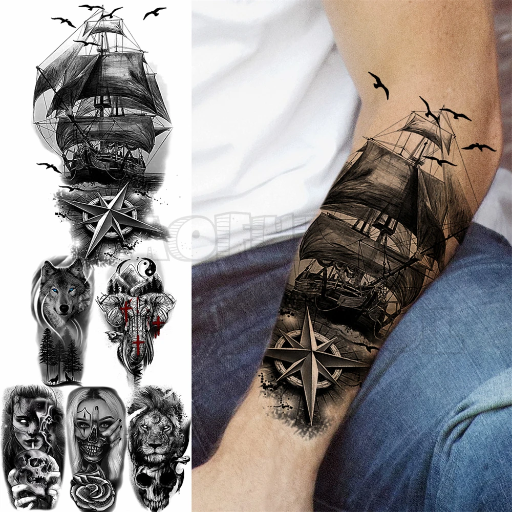 Pirate Ship Anchor Temporary Tattoos For Men Women Adult Rose Flower Pirate  Skull Fake Tattoo Fake Tattoo Body Art Tatoos Large