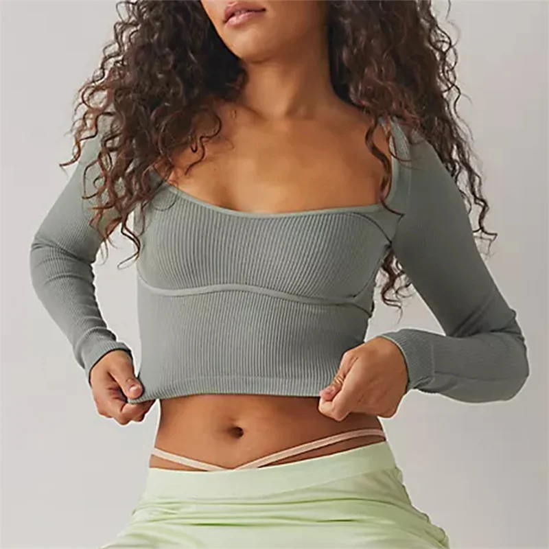 

Женская футболка с длинным рукавом, Однотонная футболка в рубчик с квадратным вырезом, одежда для весны и осени, 2000