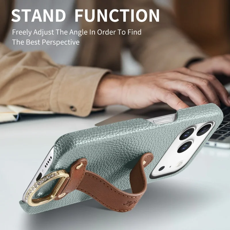 Lychee Pattern Leather Wrist Strap Phone Case with Ring Holder
