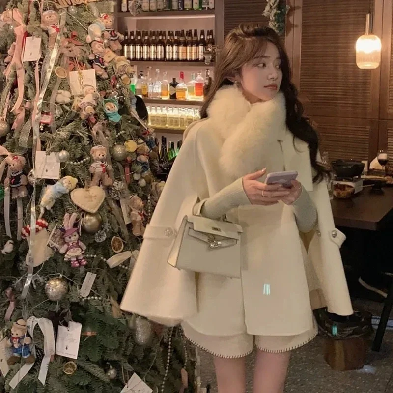 

Women Elegant Scarf Collar Cloak Woolen Coats French Vintage Faux Fur Collar Double Breasted Blends Korean Fashion Overcoats