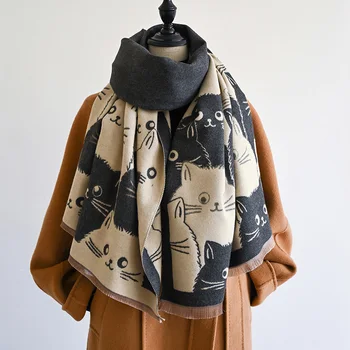 New Fashion Brand Cute Cat Ladies' Jacquard Pashmina Cashmere Scarf Winter Thick Warmth Shawl Coldproof Windproof Blanket Scarf