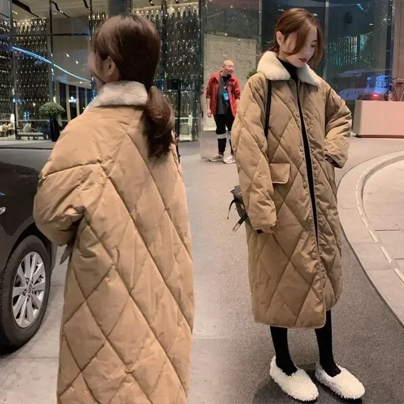 Korean Long Jacket for Women Plaid Women's Jacket Women's Down Jacket Loose Feather Coats Casual Winter Down Coats Thick Coats