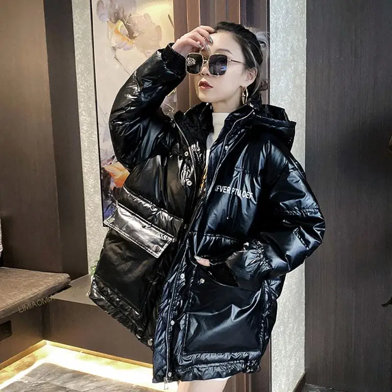 

New Hooded Glossy Down Cotton-Padded Jacket For Women Winter New Thick Warm Parkas Coat Woman Loose Casual Mujeres Abrigos