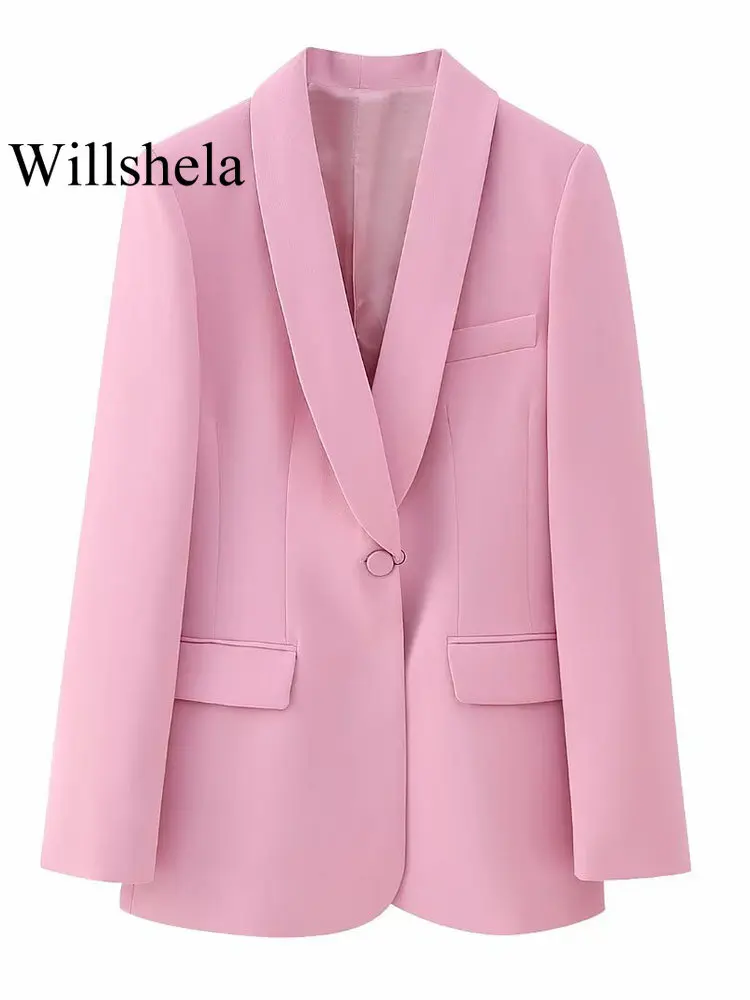 

Willshela Women Fashion With Pockets Pink Single Button Blazer Vintage Notched Neck Long Sleeves Female Chic Lady Outfits