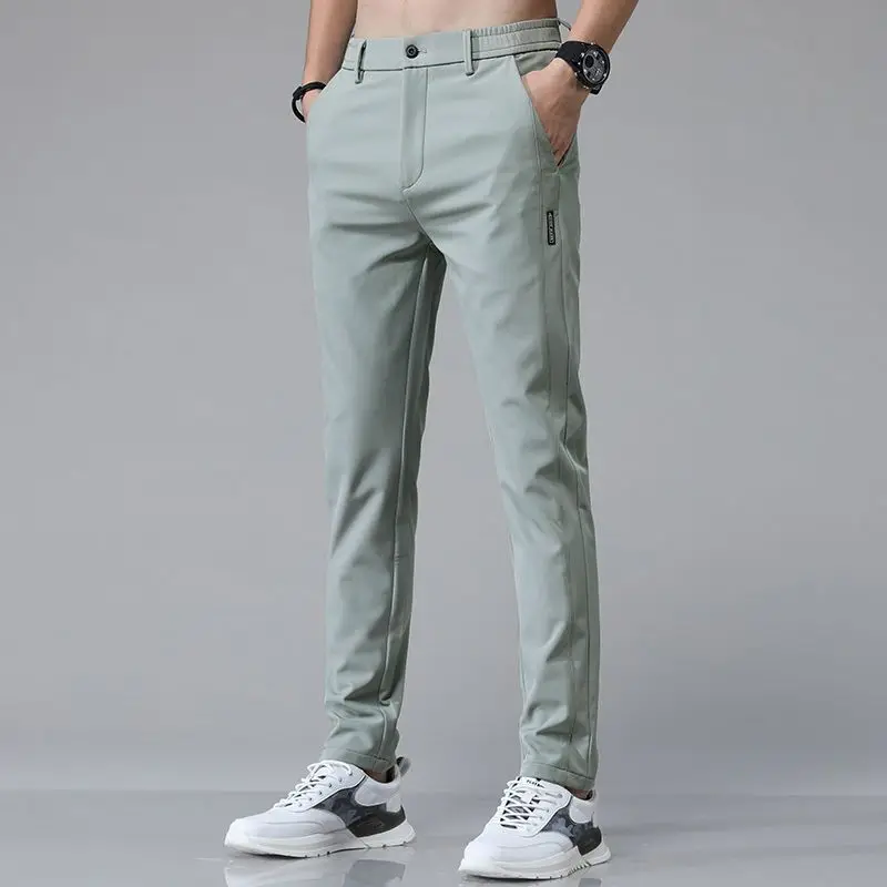 Korean Fashion Summer New Men's Elastic Waist Solid Pockets Thin Style Ice Silk Quick DryingTrend Versatile Loose Straight Pants