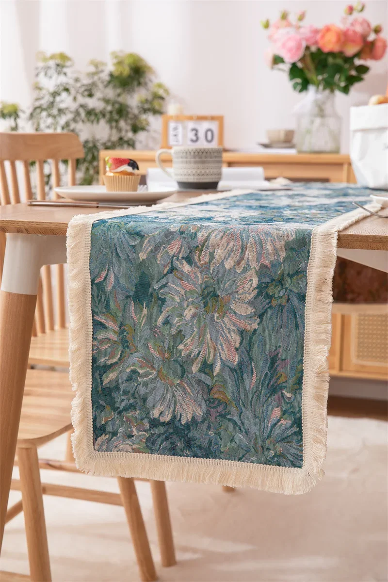 

Jacquard Tassels Table Path Oil Painting Daisy Fringe Lace Table Runner Art Placemat Dinner Table Cover Festival Decorative