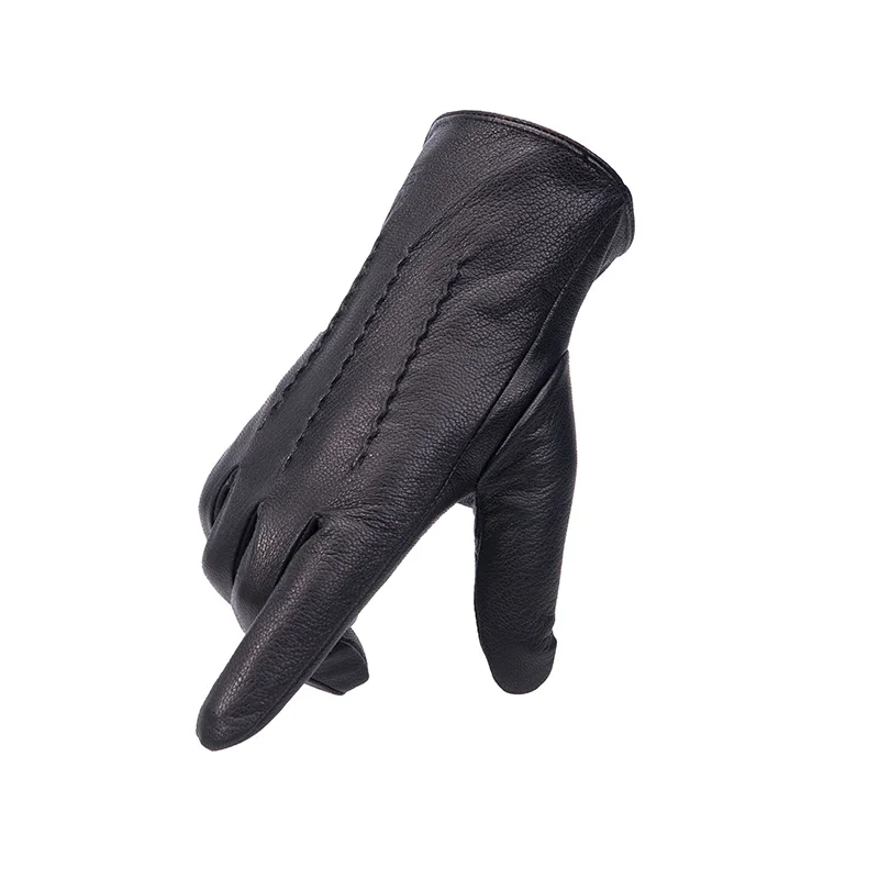 Warm Gloves Leather Gloves Men's Sheepskin Deer Skin Pattern Plush Lining