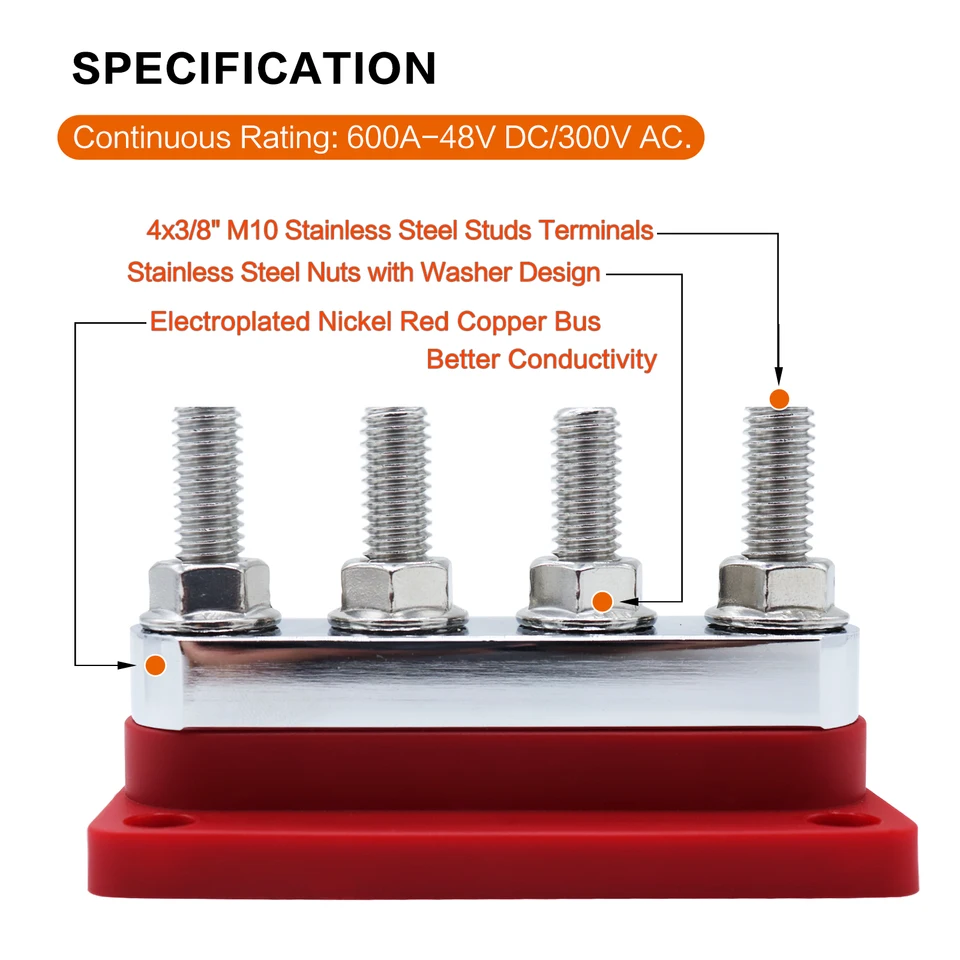 Dual 4-Stud Bus Bar With Cover - 6 Connection Terminals For 5/16" Or 3/8" Mix