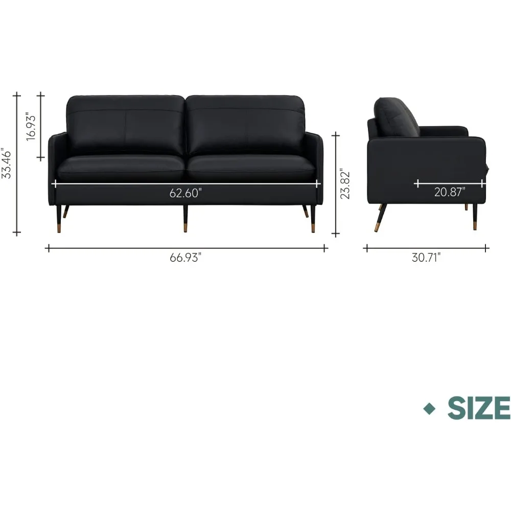 67" Top-Grain Leather Sofa, 2 Seater Loveseat Couch, Mid-Century Modern Leather Couch for Living Room Bedroom Apartment Office