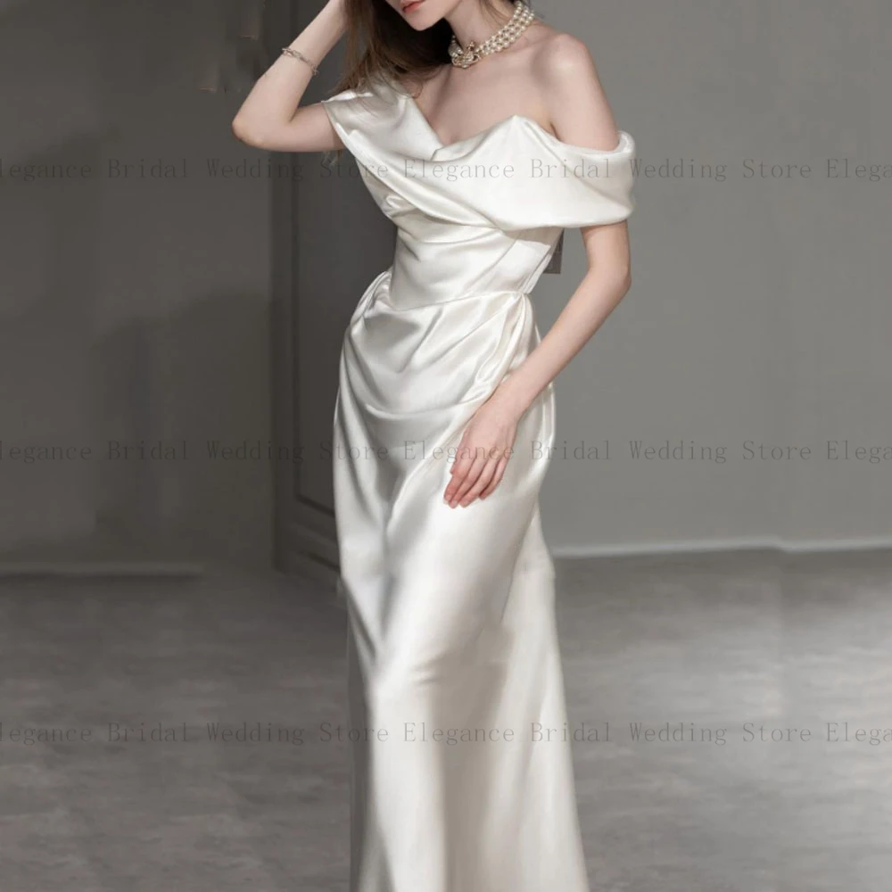 

Женское атласное платье-Русалка, серебристо-белое платье до пола с открытыми плечами для выпускного вечера, свадебное платье