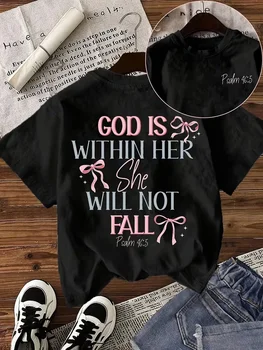 God Is Within Her She Will Not Fall Psalm 46:5 Print T-Shirt,Front & Back Design tops,Casual Christian Coquette Faith Tee ﻿ 1