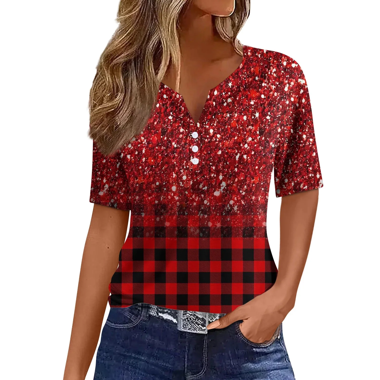 

Women'S T Daily Weekend Fashion Basic V- Neck Regular Sleeve Decorative Top Shirt Tee Print Button Short Sleeve Women'S T-Shirt