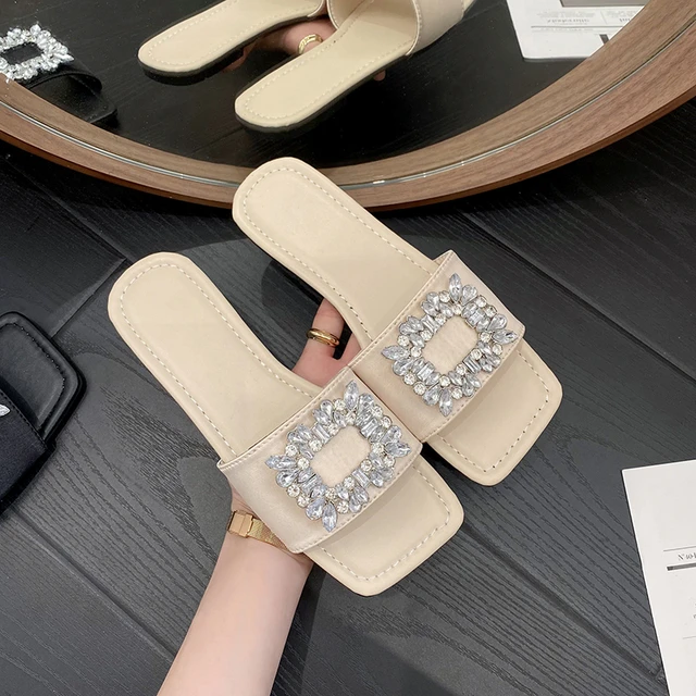 2022 New Fashion Women's Slippers Square Toe Chain Slippers Flat