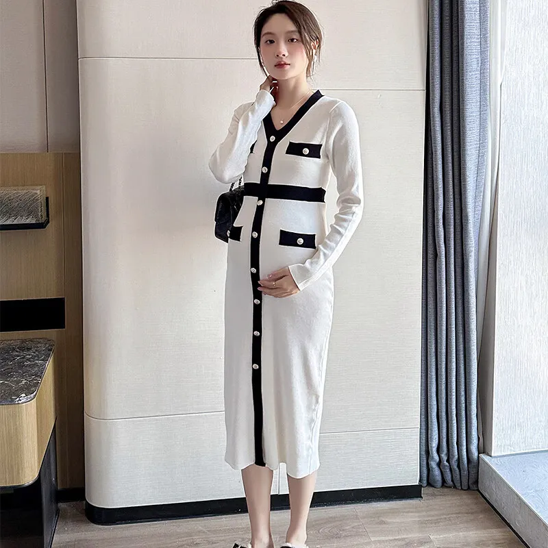 G72040# Pregnant Woman Clothes V Neck Long Sleeve Simple Dress Women Korean Style Sweet New Arrival Pregnant Maternity Dresses