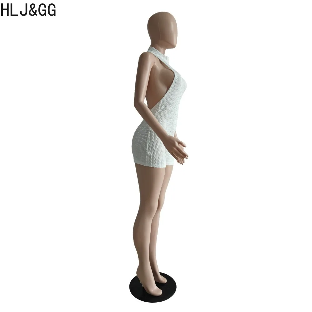 HLJ&GG White Fashion Solid Ribber Halter Backless Bodycon Rompers Women Sleeveless Slim Jumpsuits Sexy Lady Matching Streetwear