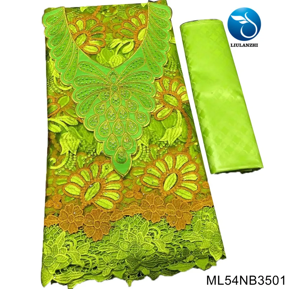

2022 African Fluorescent Green Pure Bazin Riche Brocade Fabrics Match Neck French Design Tulle Lace Fabrics 2.5y+2.5y ML54NB35