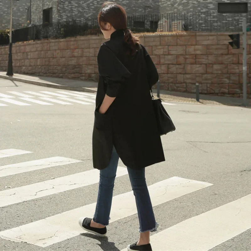 Korean Style Single Button Tailored Workwear Split Windbreaker Women's Casual Cotton Jacket Coat Large Size Spring Autumn