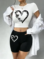 Sexy Butterfly Heart Graphic Prints Crop T-Shirts Shorts Woman Two Pieces Set Tops Pants Slim O-Neck High Elastic Soft Clothes