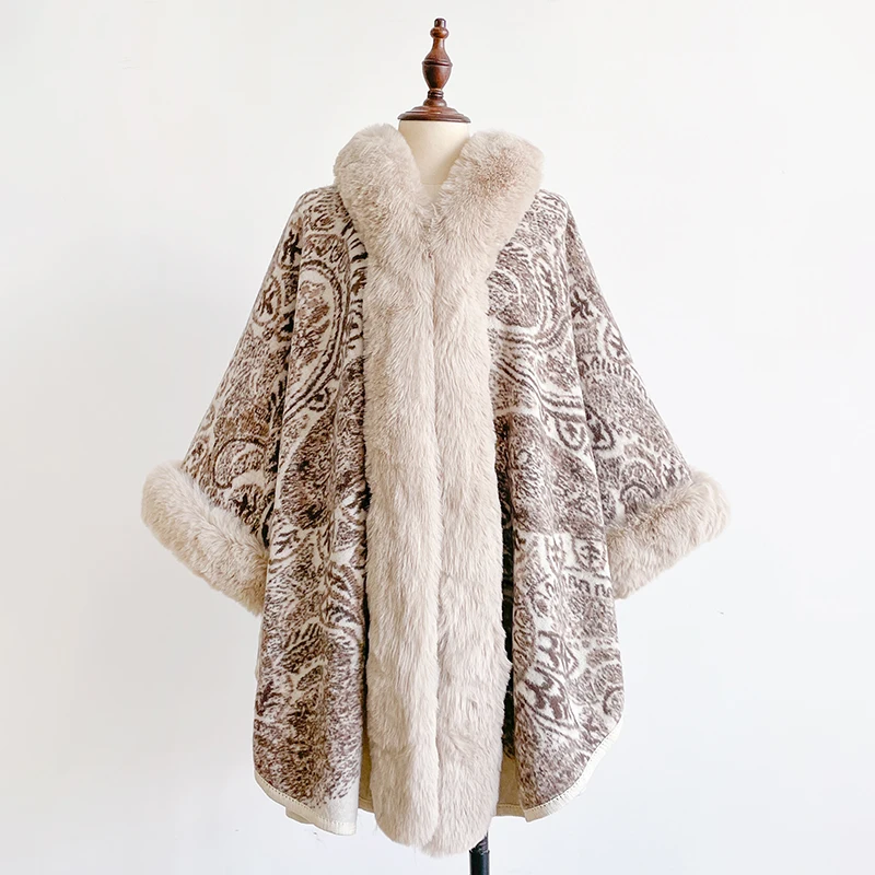 Winter New Thicken Mink Wool Full Trims Faux Fur Cape - Women's Hooded Loose Fleece Cloak Coat for Party Dress Wraps Warm