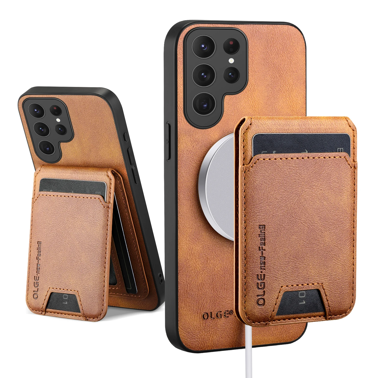 Leather Wallet Card Holder Case with Mag-Safe Stand and Magnetic Cover