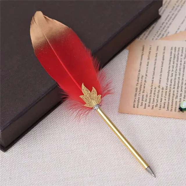 1 Set Feather Fountain Pen Calligraphy Pen Quill Oblique Fountain Luxury Pen Ink +5pcs Nib Metal for Fancy Font Office Supplies Red Ballpoint Pen