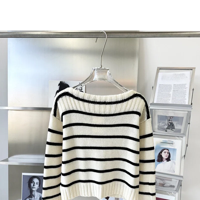 

Luxury Women New One-Line Collar Striped Sweater Autumn Winter Short Knitted High Quality Fashion Loose Tops Y2k Simple Clothing