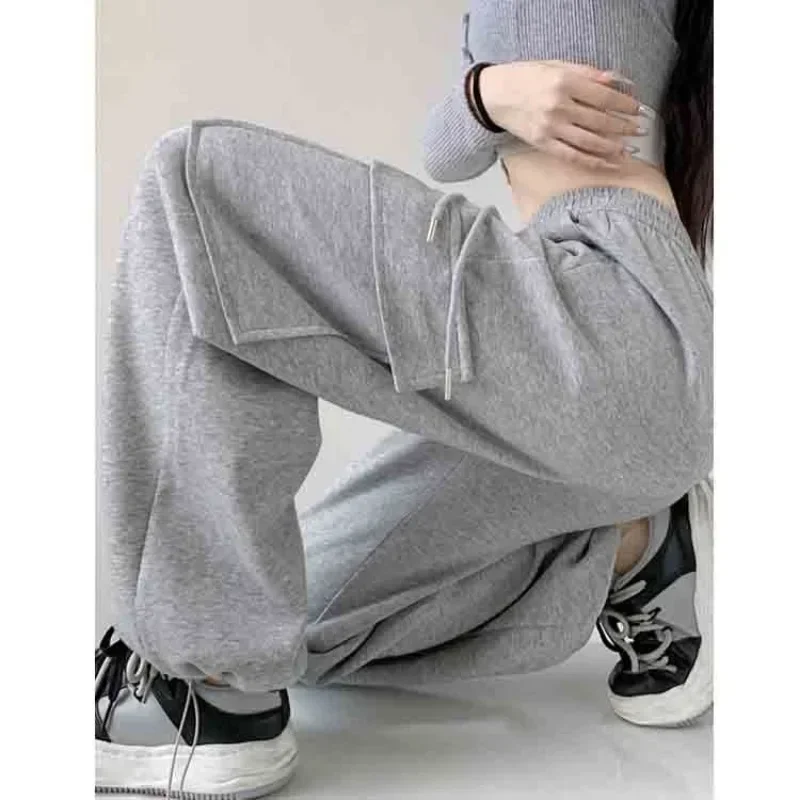 Deeptown Grey Sweatpants Women High Waist Sports Joggers Pants Korean Reviews Loose Straight Trousers Fall Winter Casual Vintage