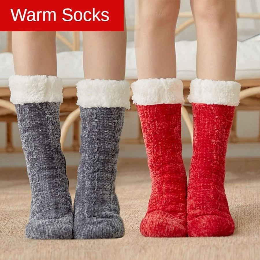 Fuzzy Thermal Socks Womens Winter Warm Plush Silicone Non-slip Grip Soft Comfy Loose Female Floor Fluffy Slippers Sock Indoor