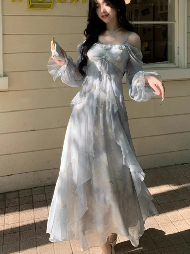 Autumn French Fashion Print Fairy Long Dresses Women Elegant