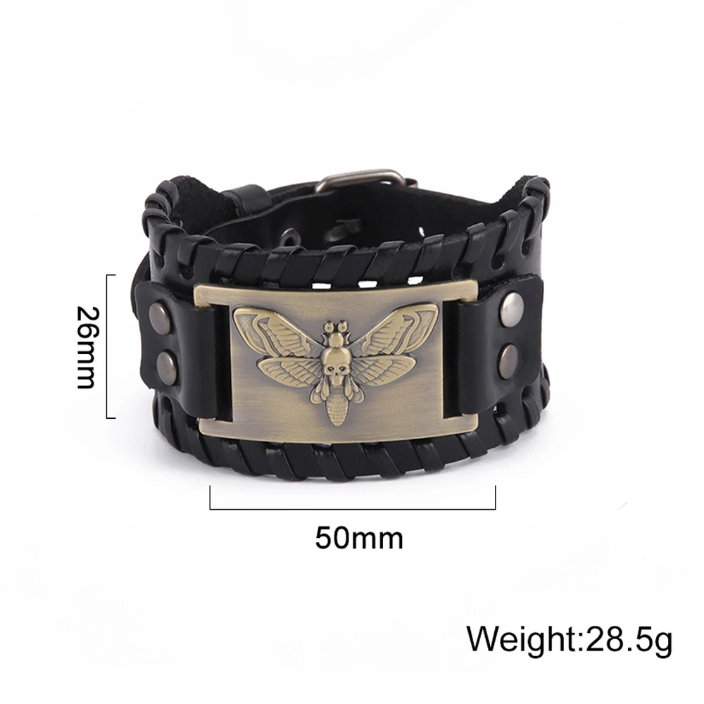 EUEAVAN Punk Death Skull Moth Genuine Wide Leather Bracelet Gothic Design Aesthetic Men Bangle Vintage Party Jewelry Accessories 6