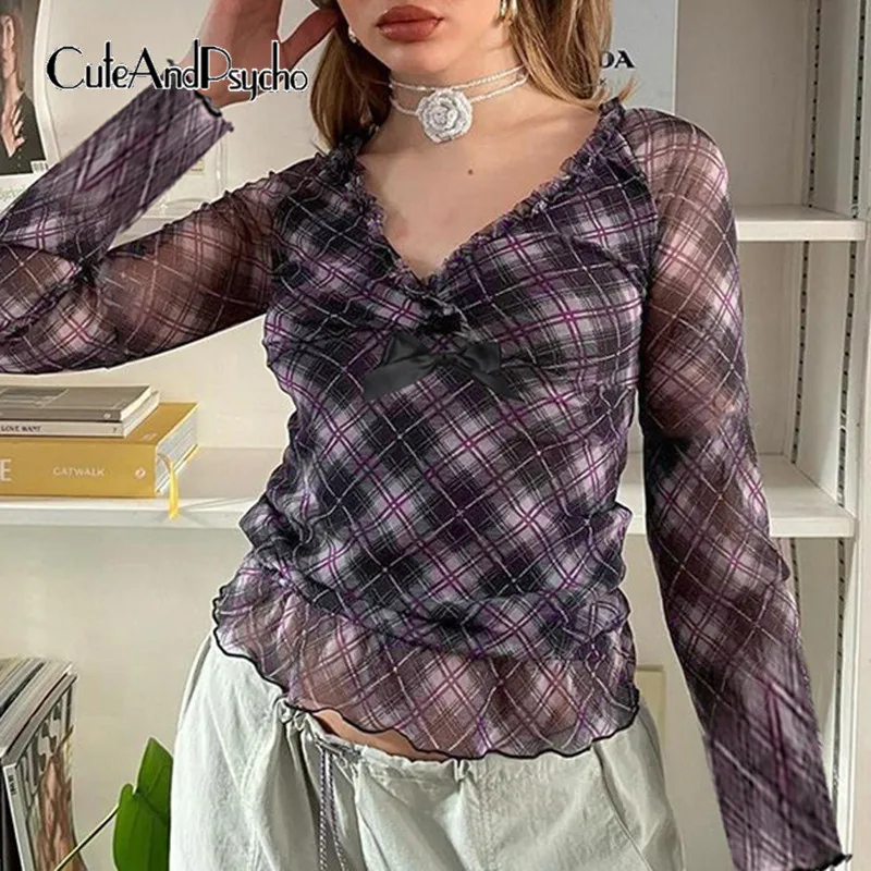 

Cuteandpsycho Vintage Plaid Mesh Tshirts Y2K Casual V-Neck Fashion Slim Tops Streetwear Chic Long Sleeves Bow Aesthetic Clothes