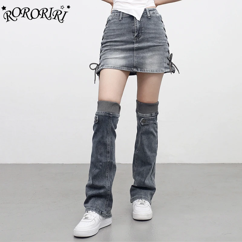 

RORORIRI Striped Patchwork Mini Skirt Leg Warmer Women 2-piece Set Low Waist Asymmetric Skirt Boots Cover Vintage Y2k Denim Suit