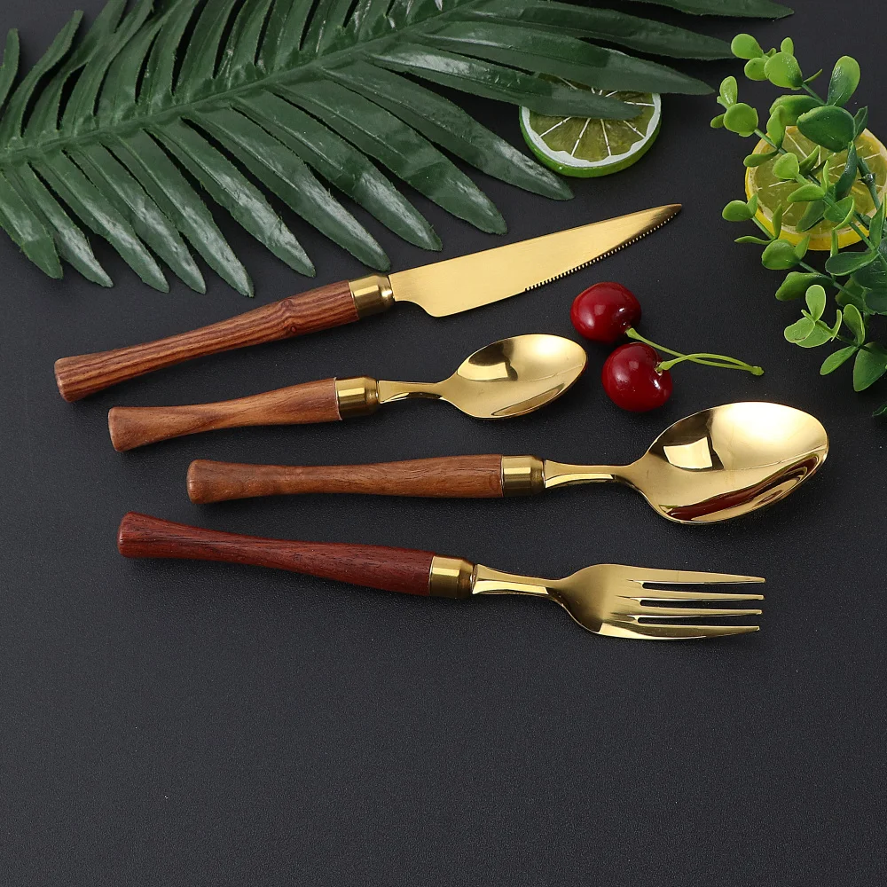 

Jaswehome 4pcs Cutlery Set Stainless Steel Gold Flatware Rosewood Handle Dinner Knife Fork Spoon Dishwasher Safe Gold Dinnerware