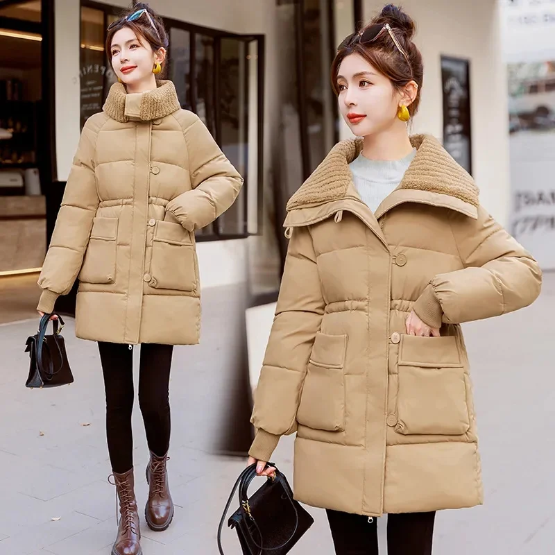 2023 Winter New Lamb Wool Splicing Cotton-padded Jacket Women Slim Large Size Cotton-padded Jacket Fashion High-grade Thickening