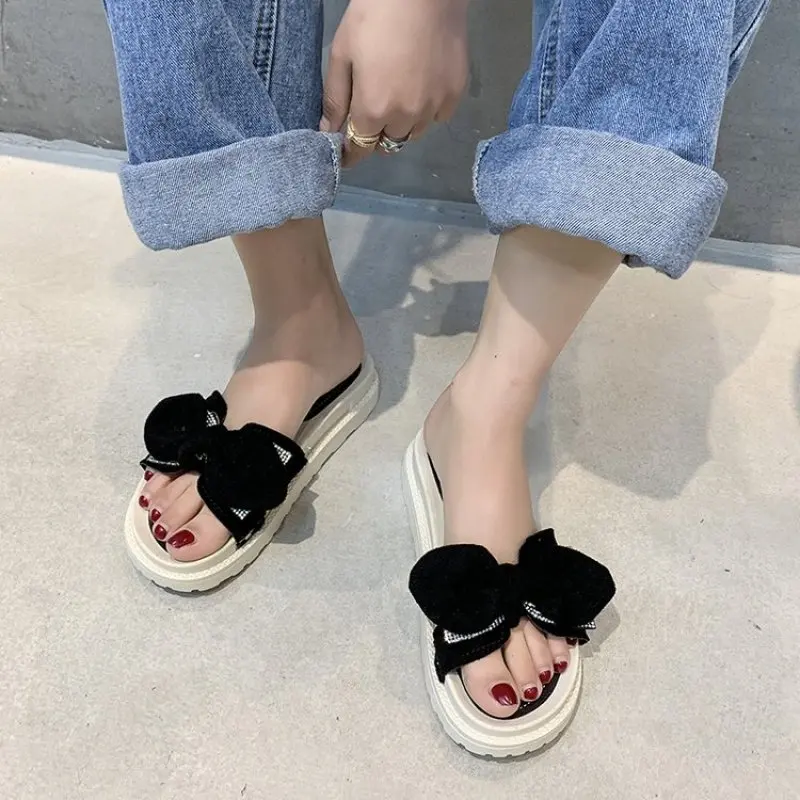 

New 2023 Sandals Lady Summer Fairy Style Fashion Student Thick Soled Roman Flat Shoes Indoor Slippers Slides Butterfly-knot