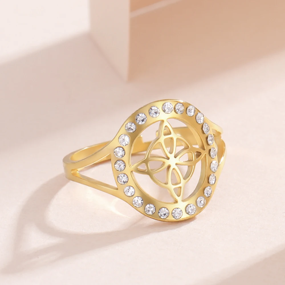 Dawapara Hexenknoten-Ring mit klarem Zirkon, Wicca, verstellbarer Damenring, Edelstahl, religiöser Schmuck, Jahrestag, Geburtstag – Detail 14