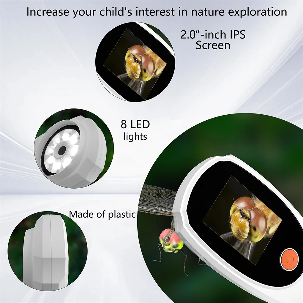 Portable Magnifying Glass for Kids Handheld Digital Microscope with 2.0 Inch IPS Color Screen, 8 Adjustable 3-Level LED Lights