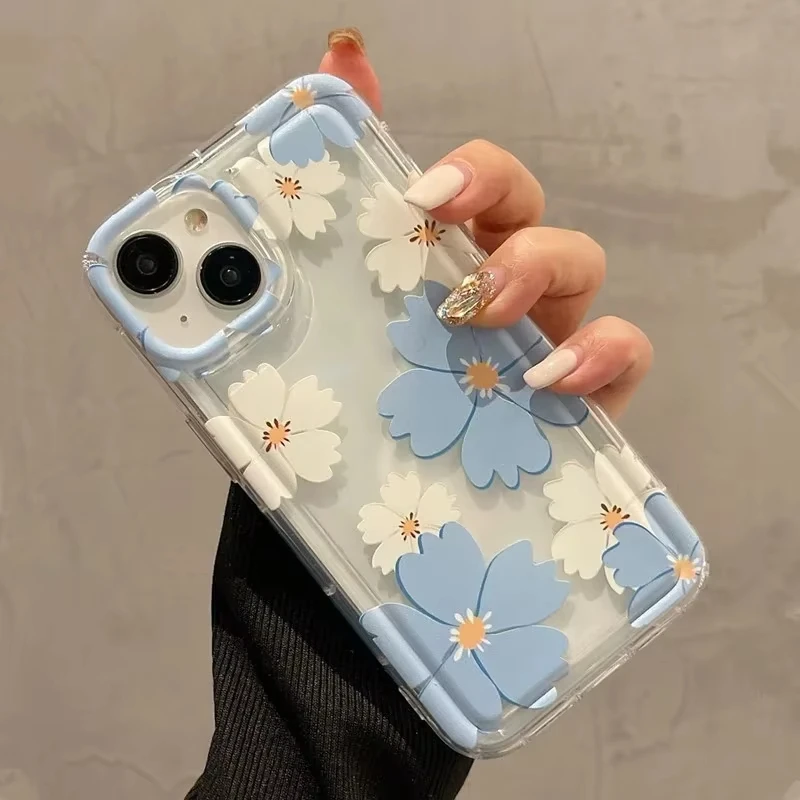 Summer Blue Large Flower Pattern Transparent Soft Phone Case