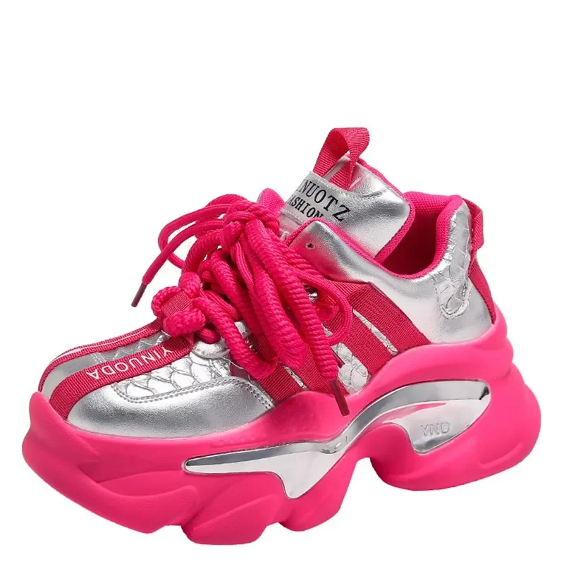 

8.5CM Autumn Chunky Sneakers for Women 2023 High Platform Sports Patchwork Leather Shoes Woman Lace-up Thick Bottom Dad Shoes