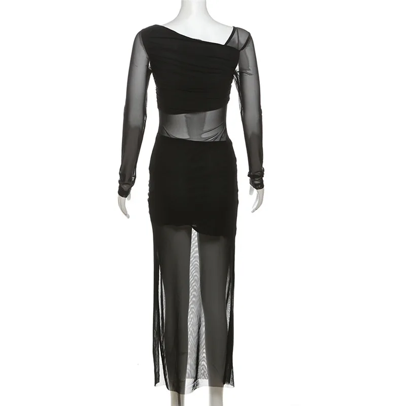 Black Dresses Women Elegant Solid Color See Through Round Neck Long Sleeve Split Party Dress Club Dresses Streetwear