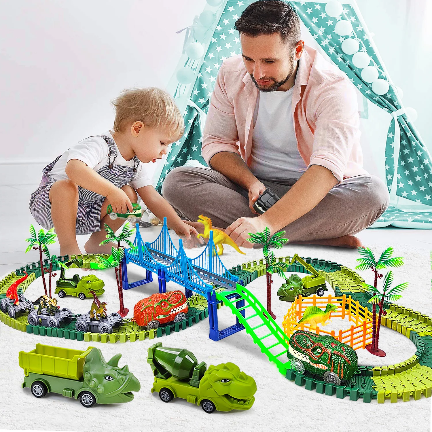 Dinosaur Magic Climbing Track Toys Train-Flexible Track Playset Dinosaurs Engineering Toys Race Car for Old boy Girls