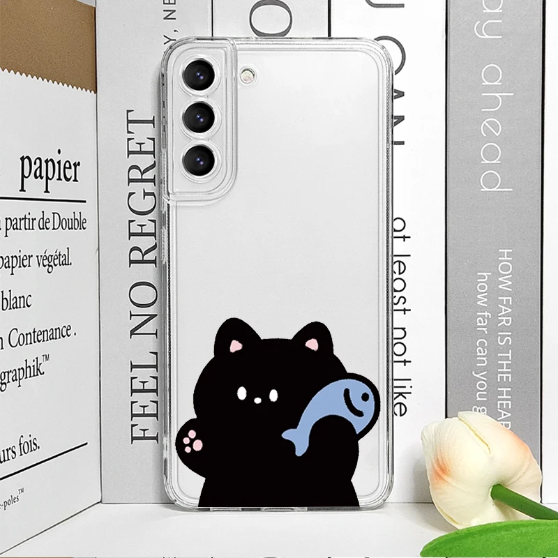 Whimsical Cartoon Cat & Fish Couple Clear Soft Phone Case