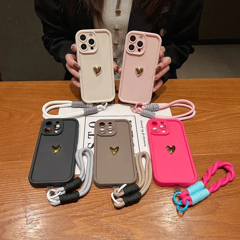 3D Gold Heart Soft Lanyard Rope Phone Case with Hand Strap Cover