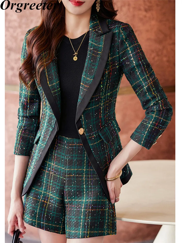 

Tweed Plaid Blazer Shorts Sets Autumn Winter Thich Woolen Jacket Coat +High Waist Pants Sets Vintage 2 Piece Set Outfits Female