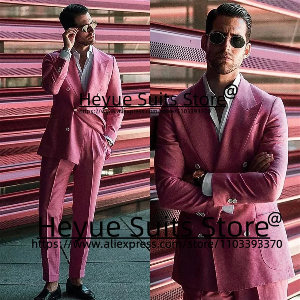 Casual Pink Fashion Men 2 Pieces Sets Custome Slim Fit Peak Lapel Groom Prom Tuxedos Wedding Classic Male Blazer Costume Homme
